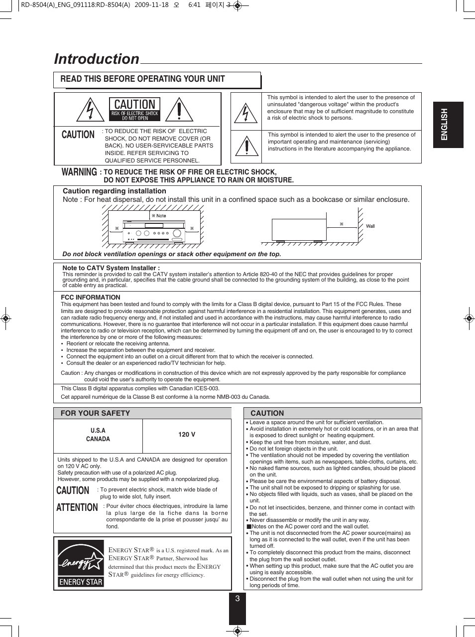 Introduction, Caution warning, Caution attention | Read this before operating your unit | Sherwood RD-8504 User Manual | Page 3 / 71