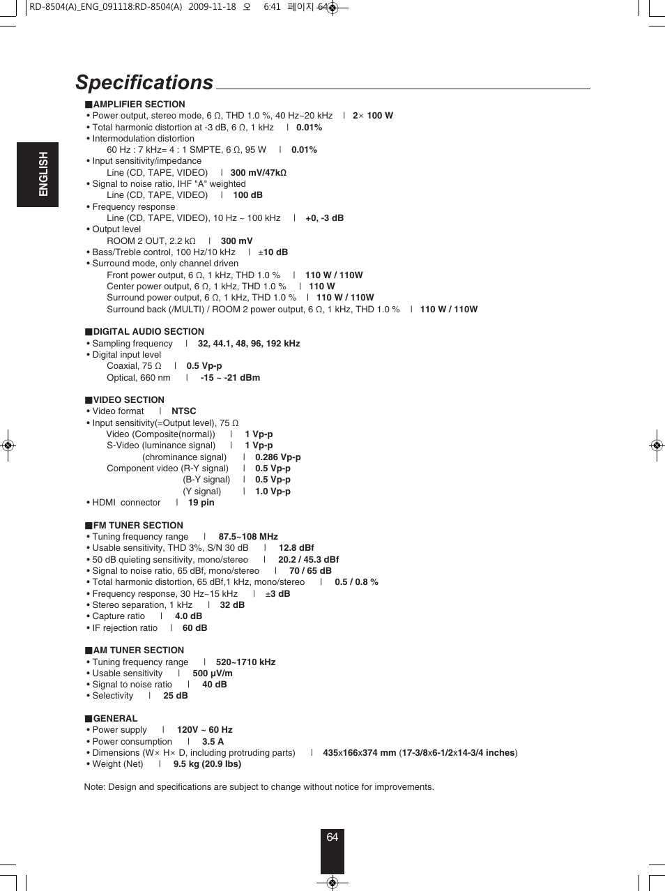 Specifications | Sherwood RD-8504 User Manual | Page 64 / 71