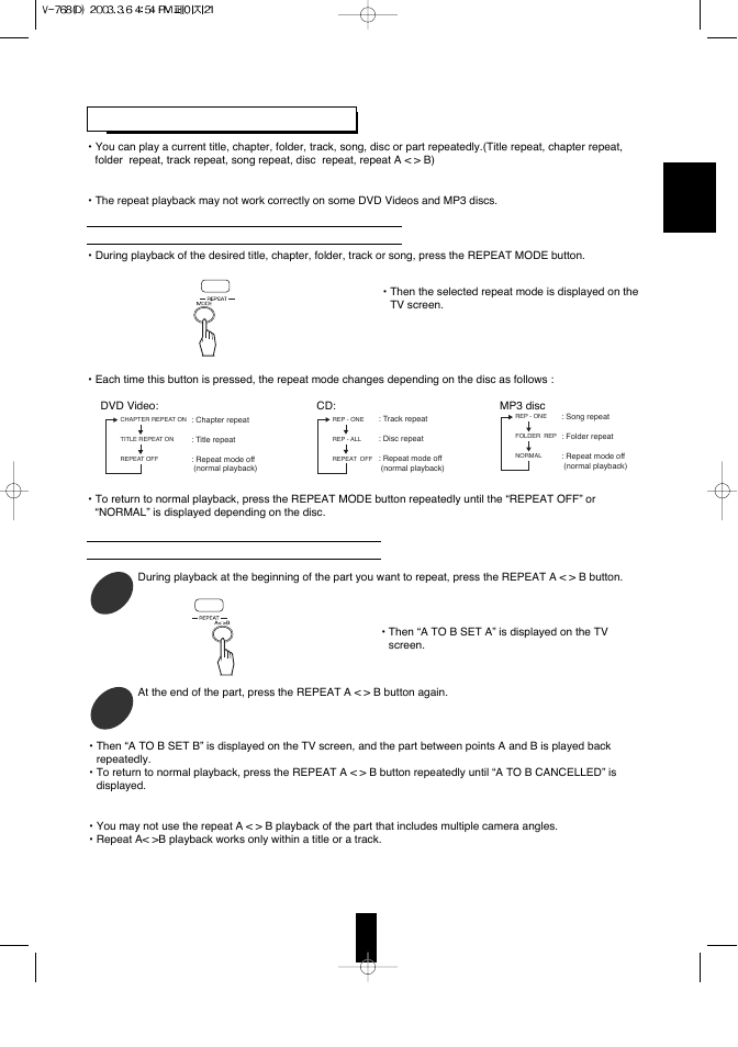 Repeat playback | Sherwood V-768 User Manual | Page 20 / 44