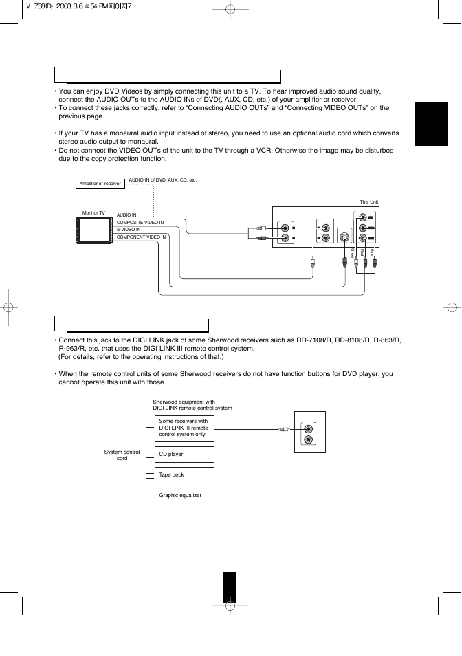 Connecting to tv with audio and, English | Sherwood V-768 User Manual | Page 6 / 44