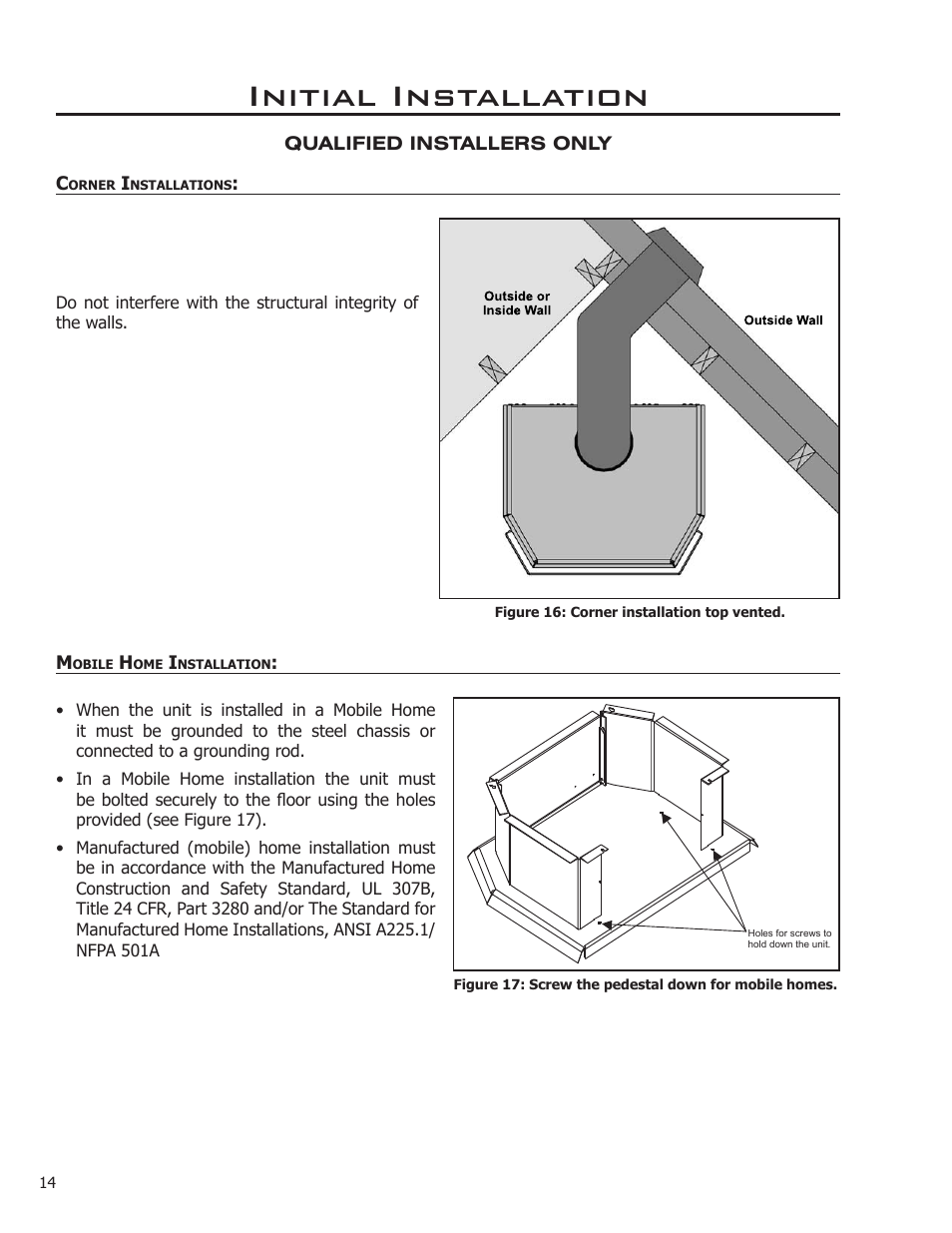 Corner installations mobile home installation, Initial installation | Sherwood Enviro EG40 DV User Manual | Page 14 / 39