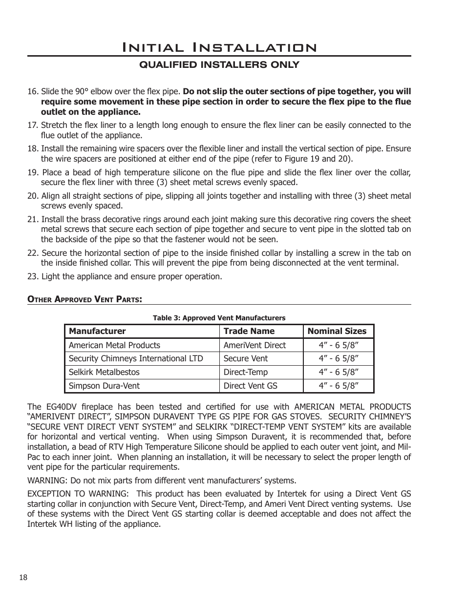 Other approved vent parts, Initial installation | Sherwood Enviro EG40 DV User Manual | Page 18 / 39