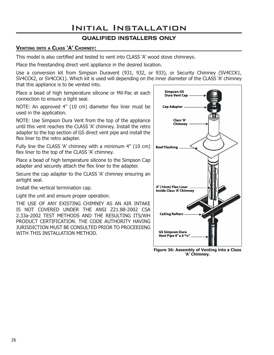 Venting into a class ‘a’ chimney, Initial installation | Sherwood Enviro EG40 DV User Manual | Page 26 / 39