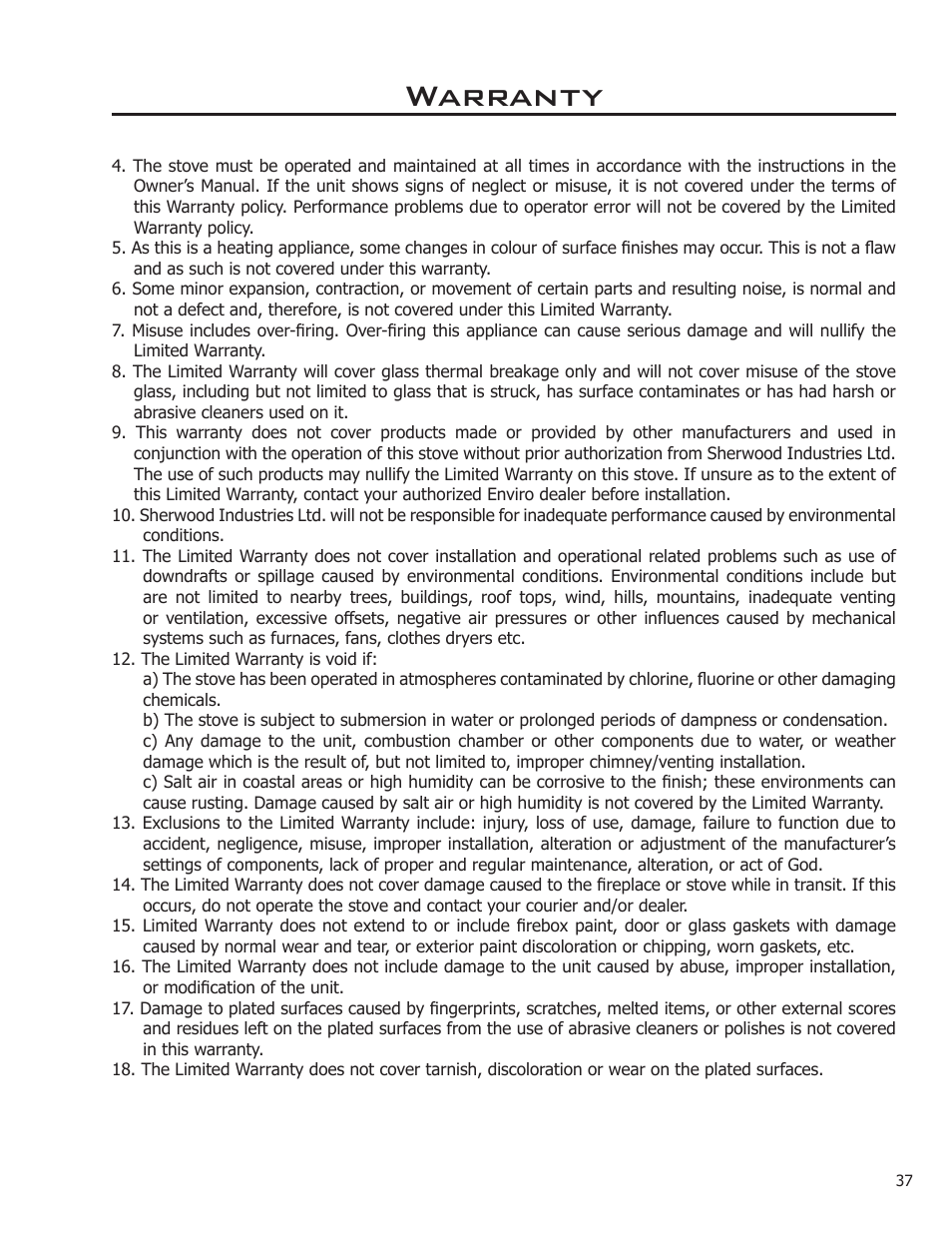 Warranty | Sherwood Enviro EG40 DV User Manual | Page 37 / 39