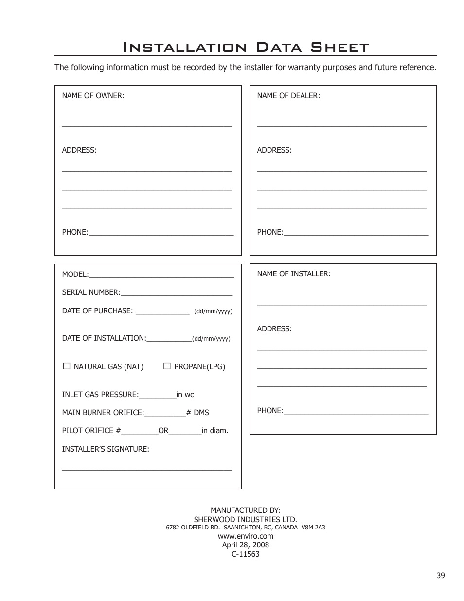Installation data sheet | Sherwood Enviro EG40 DV User Manual | Page 39 / 39
