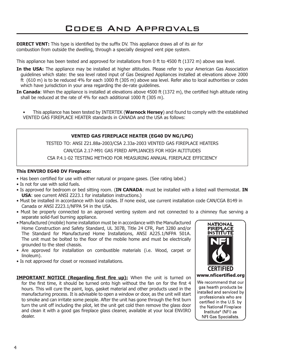 Codes and approvals | Sherwood Enviro EG40 DV User Manual | Page 4 / 39