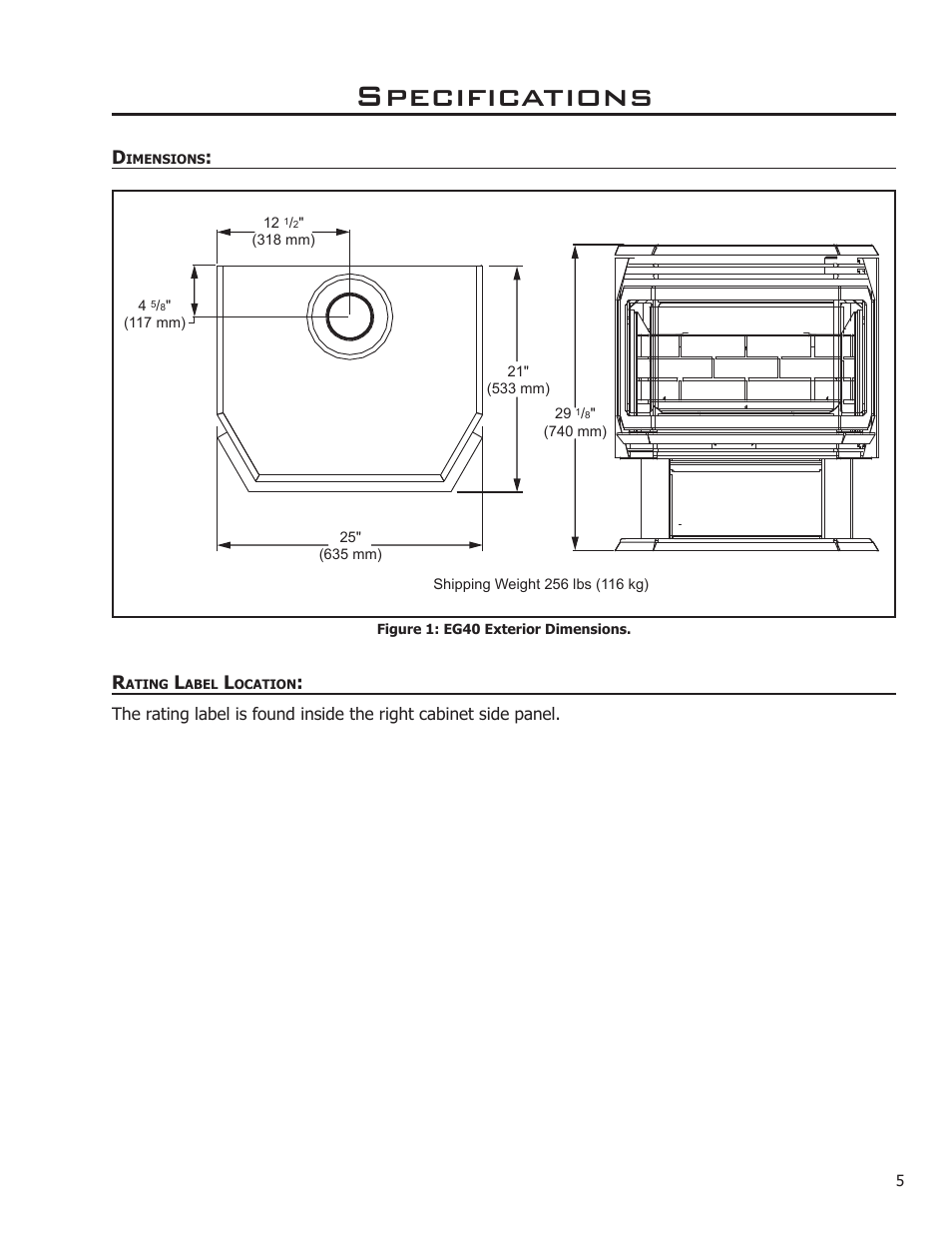 Specifications, Dimensions, Rating label location | Sherwood Enviro EG40 DV User Manual | Page 5 / 39