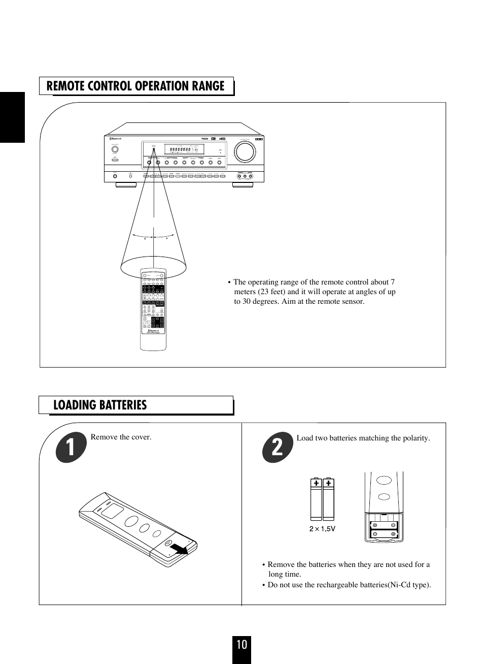 Loading batteries remote control operation range | Sherwood RD-7103 User Manual | Page 10 / 25