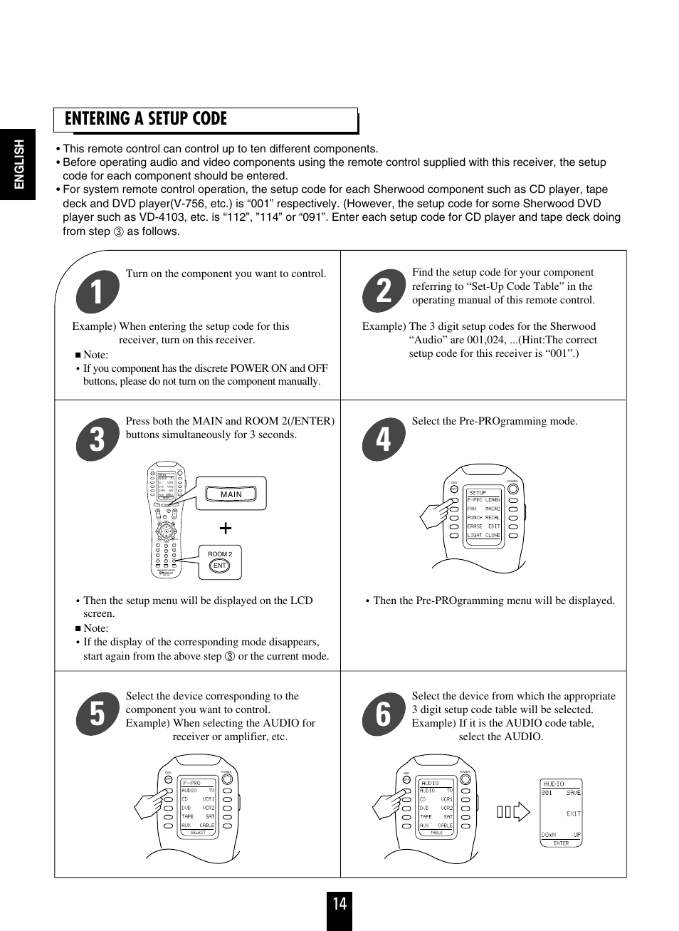 14 entering a setup code, English | Sherwood R-963 User Manual | Page 14 / 54