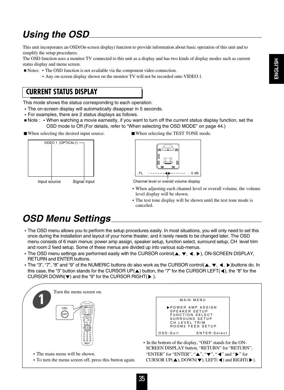 Using the osd, Osd menu settings, Current status display | Sherwood R-963 User Manual | Page 35 / 54