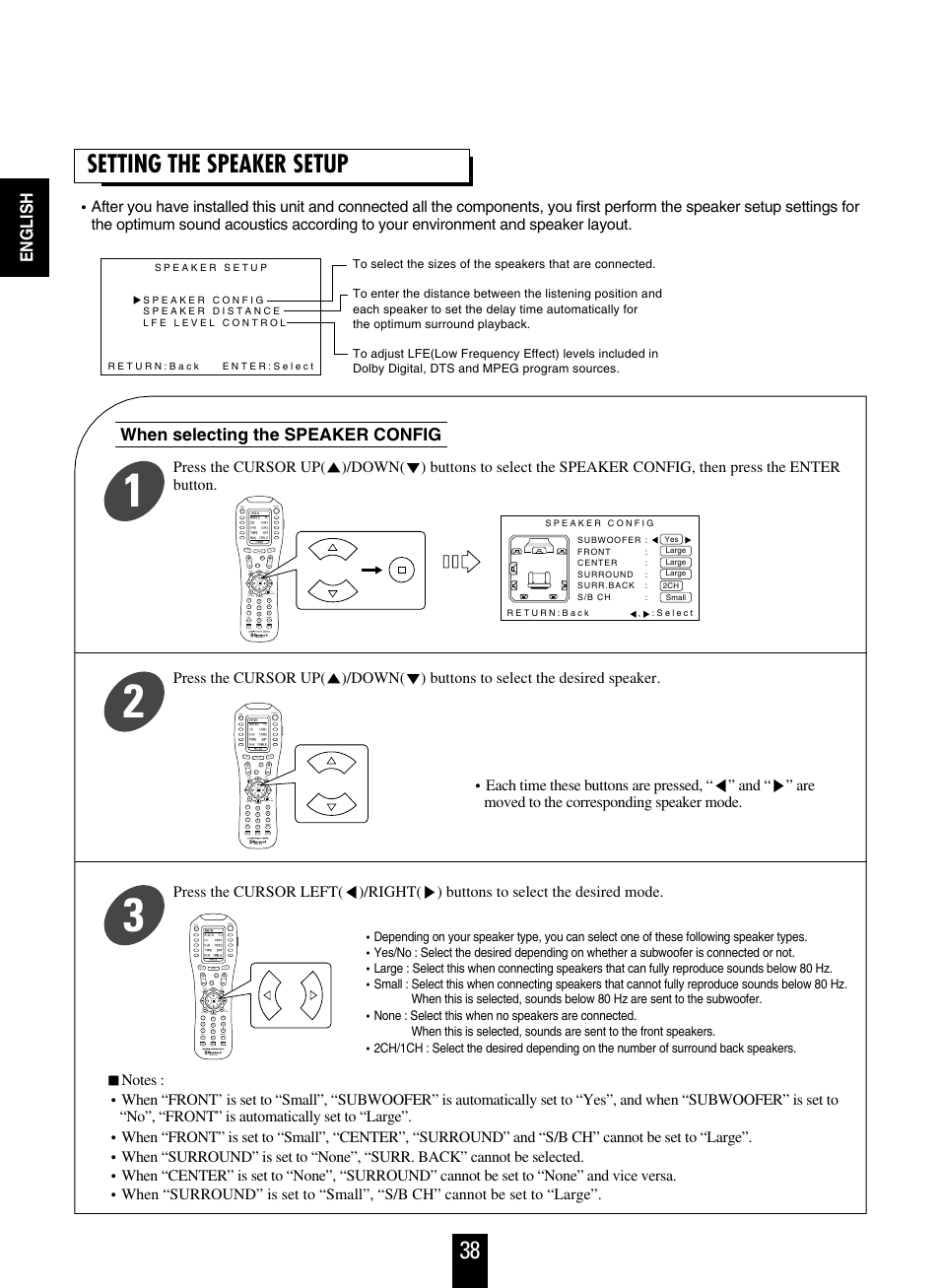 Setting the speaker setup, English, When selecting the speaker config | Sherwood R-963 User Manual | Page 38 / 54