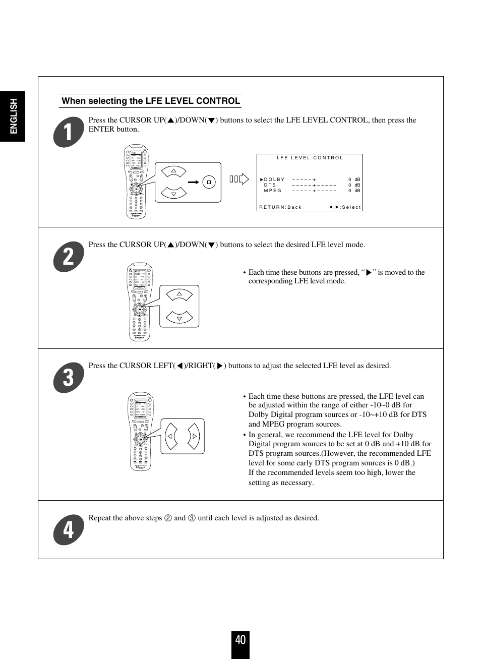 English, When selecting the lfe level control | Sherwood R-963 User Manual | Page 40 / 54