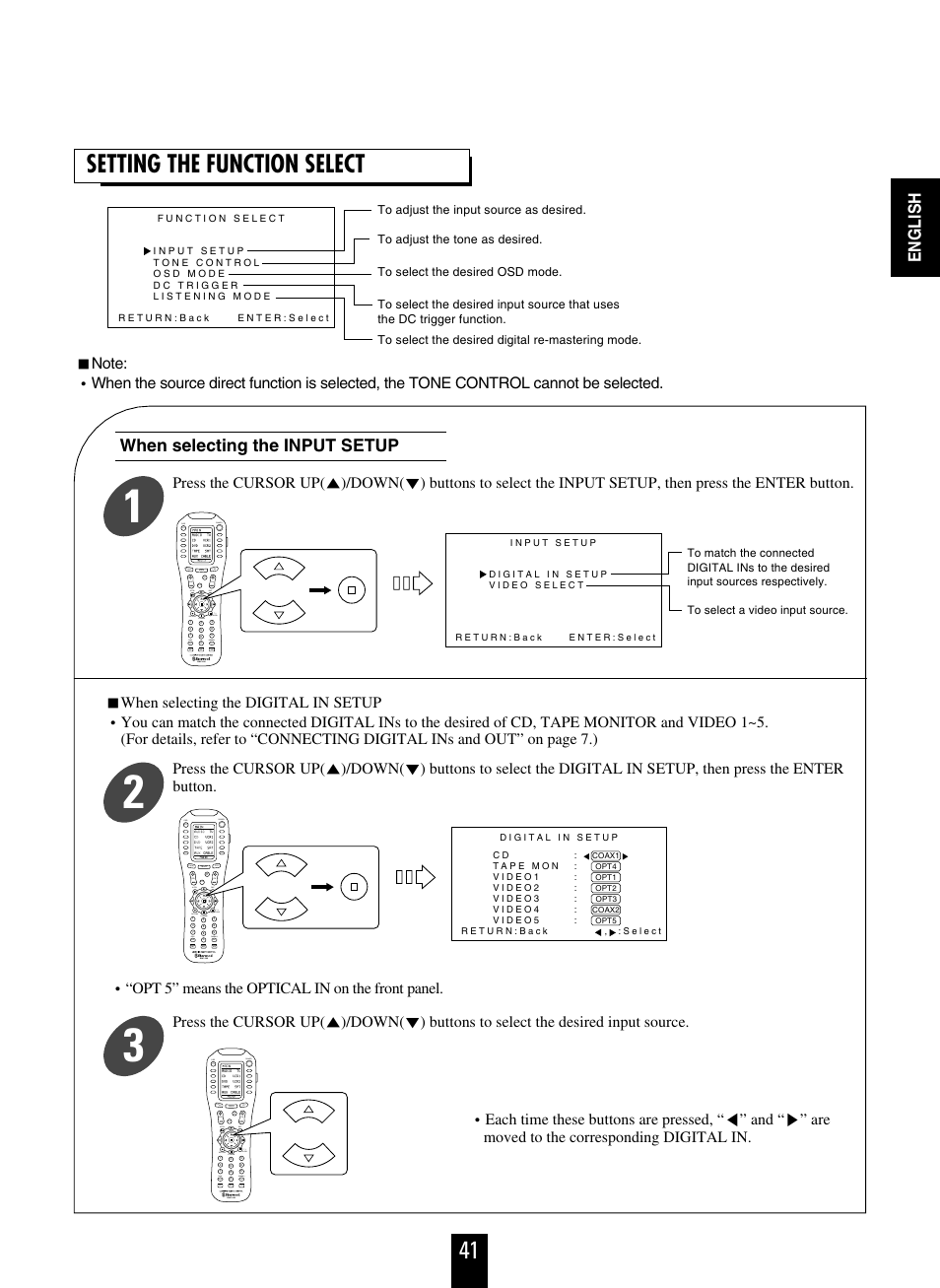 Setting the function select, English, When selecting the input setup | Sherwood R-963 User Manual | Page 41 / 54