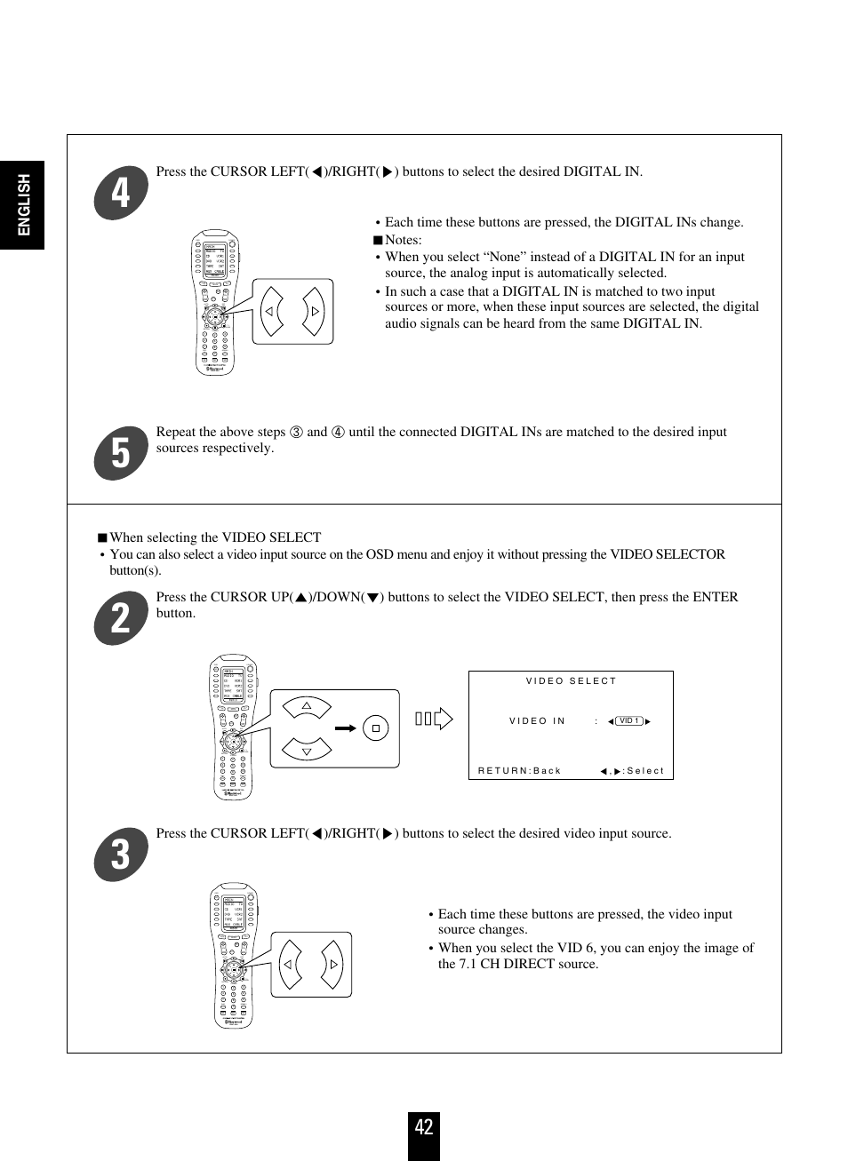 English, Off osd power, Mute ch/ set | Return disc disp, Room 2, Stereo 7.1 surr, Auto dsp rnc-500 off osd power, Auto dsp rnc-500 | Sherwood R-963 User Manual | Page 42 / 54