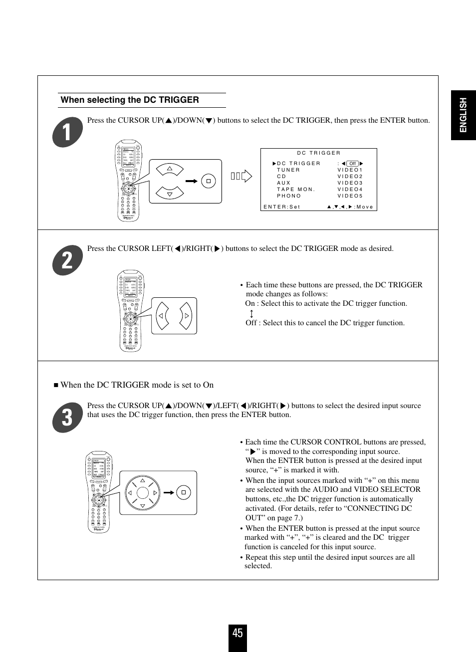 When selecting the dc trigger, English, When the dc trigger mode is set to on | Off osd power, Mute ch/ set, Return disc disp, Room 2, Stereo 7.1 surr, Auto dsp rnc-500 | Sherwood R-963 User Manual | Page 45 / 54