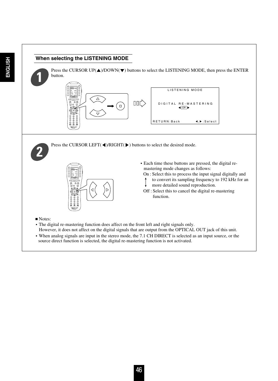 English, When selecting the listening mode, Off osd power | Mute ch/ set, Return disc disp, Room 2, Stereo 7.1 surr, Auto dsp rnc-500 off osd power, Auto dsp rnc-500 | Sherwood R-963 User Manual | Page 46 / 54