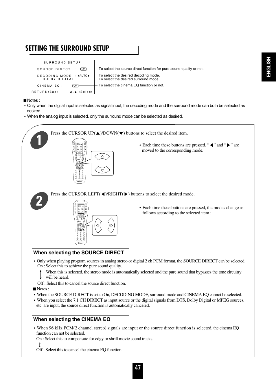 Setting the surround setup, English | Sherwood R-963 User Manual | Page 47 / 54