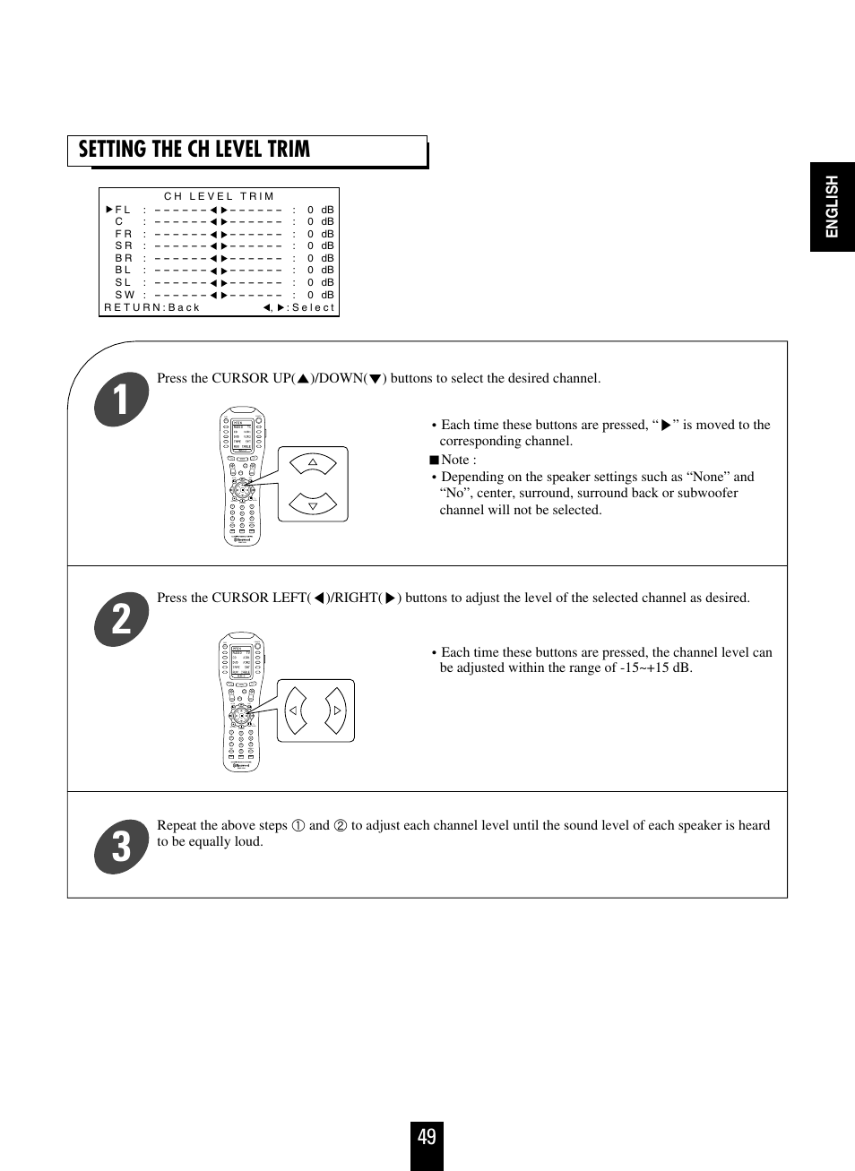 Setting the ch level trim, English | Sherwood R-963 User Manual | Page 49 / 54