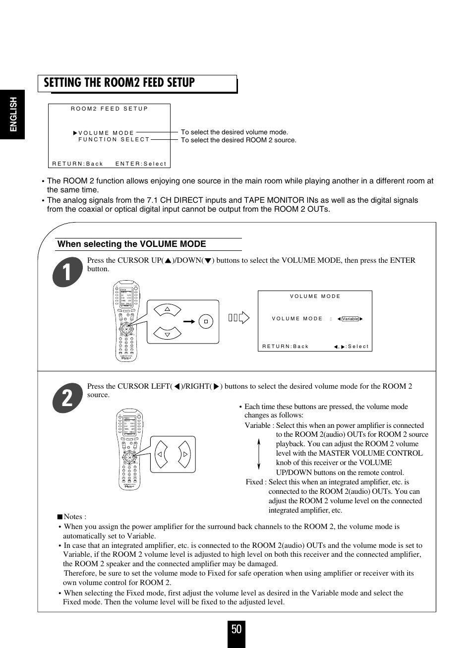 Setting the room2 feed setup, English, When selecting the volume mode | Sherwood R-963 User Manual | Page 50 / 54