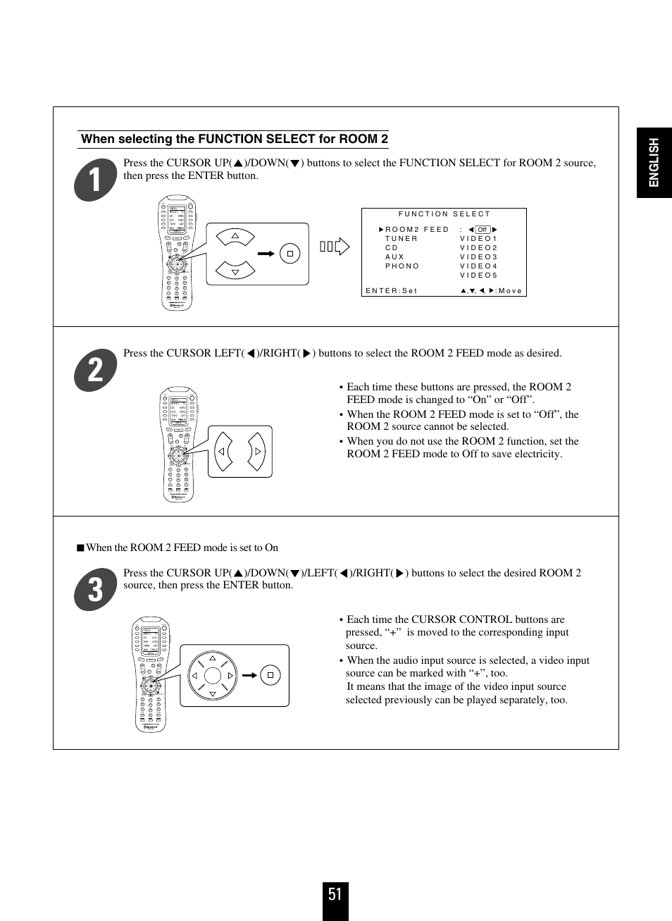 When selecting the function select for room 2, English, When the room 2 feed mode is set to on | Off osd power, Mute ch/ set, Return disc disp, Room 2, Stereo 7.1 surr, Auto dsp rnc-500 off osd power, Auto dsp rnc-500 | Sherwood R-963 User Manual | Page 51 / 54