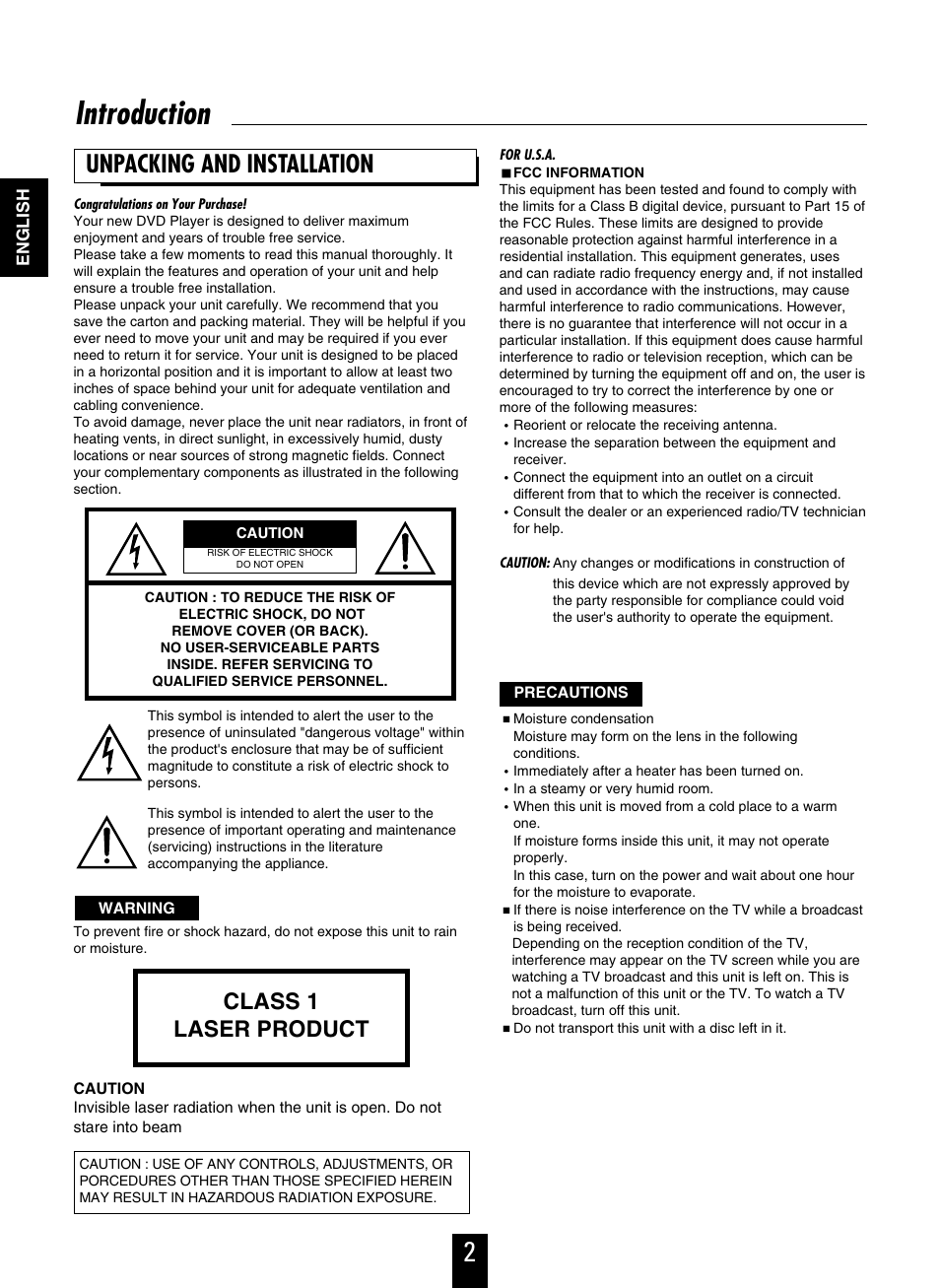 Introduction, Unpacking and installation, Class 1 laser product | Sherwood V-756 User Manual | Page 2 / 48