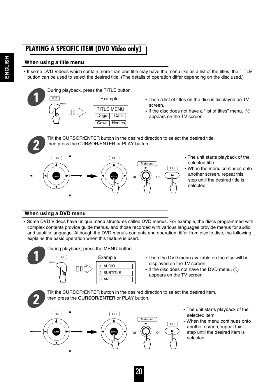 Playing a specific item [dvd video only | Sherwood V-756 User Manual | Page 20 / 48