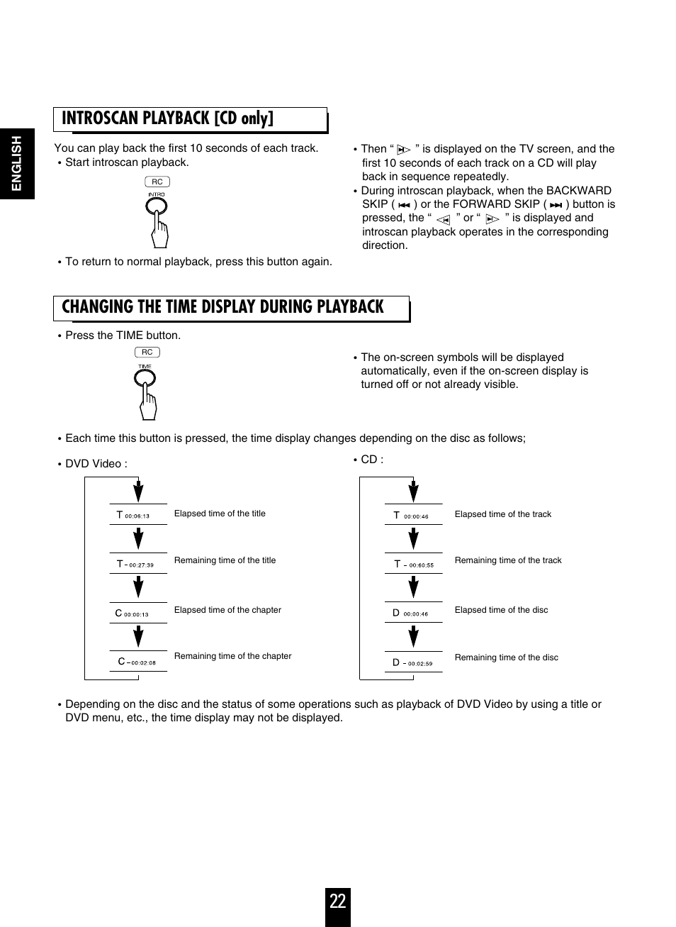 Introscan playback [cd only, Changing the time display during playback | Sherwood V-756 User Manual | Page 22 / 48