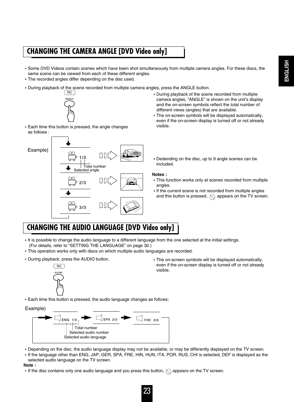 Changing the audio language [dvd video only, Changing the camera angle [dvd video only | Sherwood V-756 User Manual | Page 23 / 48