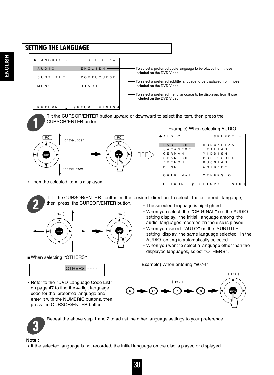 Setting the language, English | Sherwood V-756 User Manual | Page 30 / 48
