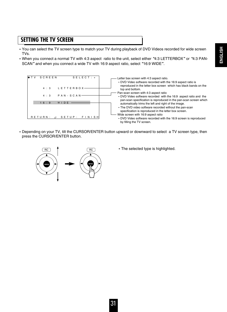 Setting the tv screen, English | Sherwood V-756 User Manual | Page 31 / 48