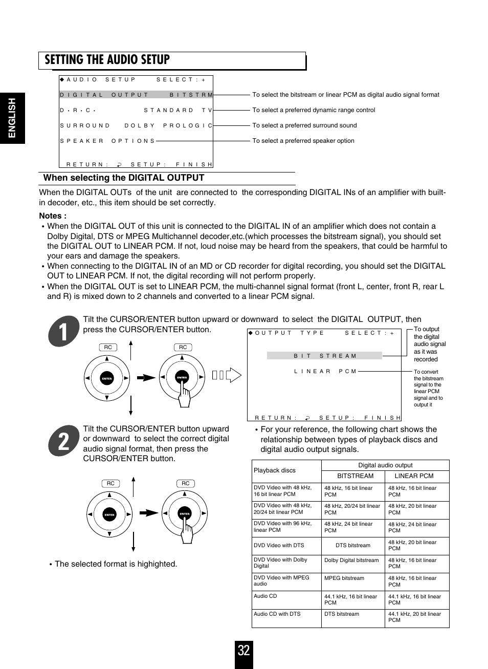 Setting the audio setup, When selecting the digital output, English | Sherwood V-756 User Manual | Page 32 / 48