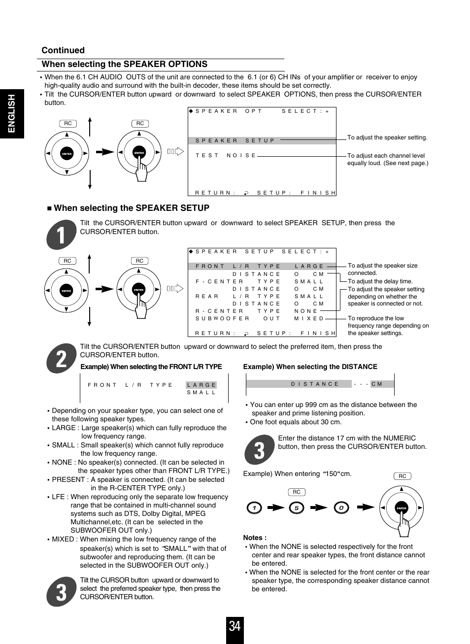 When selecting the speaker setup, When selecting the speaker options, Continued english | Sherwood V-756 User Manual | Page 34 / 48