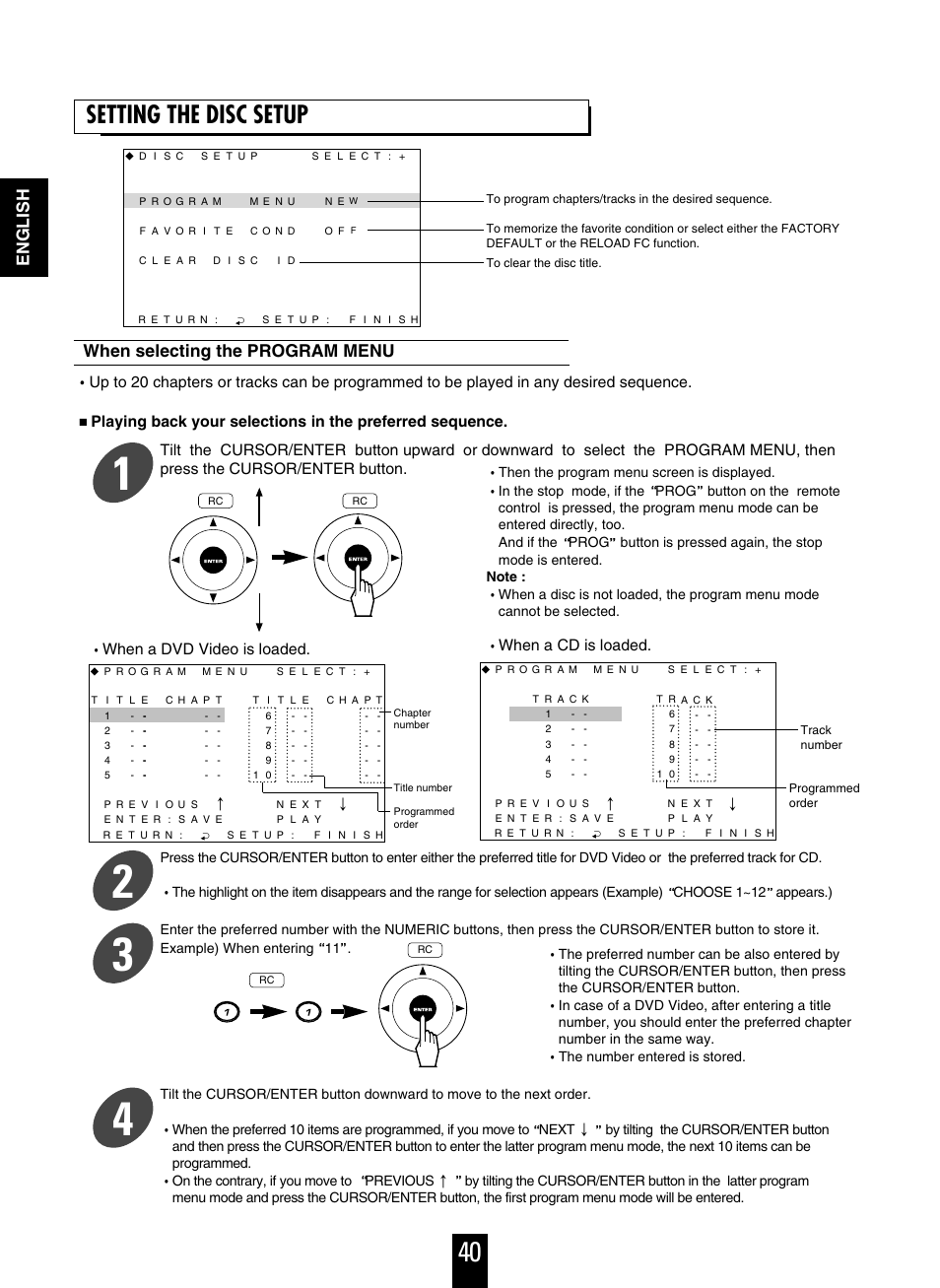 Setting the disc setup, When selecting the program menu, English | Sherwood V-756 User Manual | Page 40 / 48