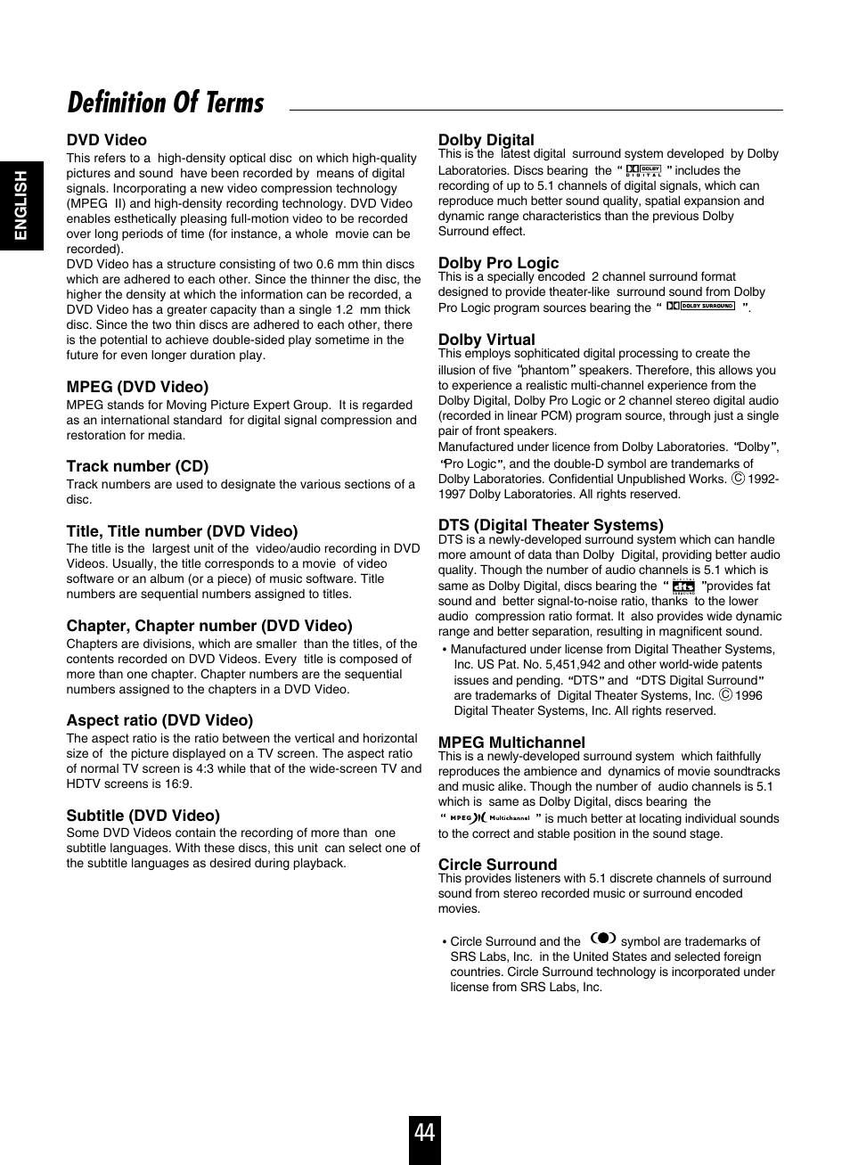 Definition of terms | Sherwood V-756 User Manual | Page 44 / 48