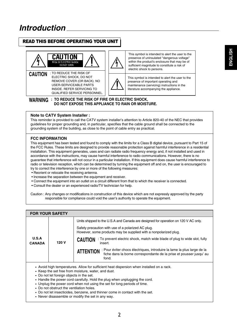 Introduction, Caution warning, Caution attention | Sherwood R-965 User Manual | Page 2 / 67