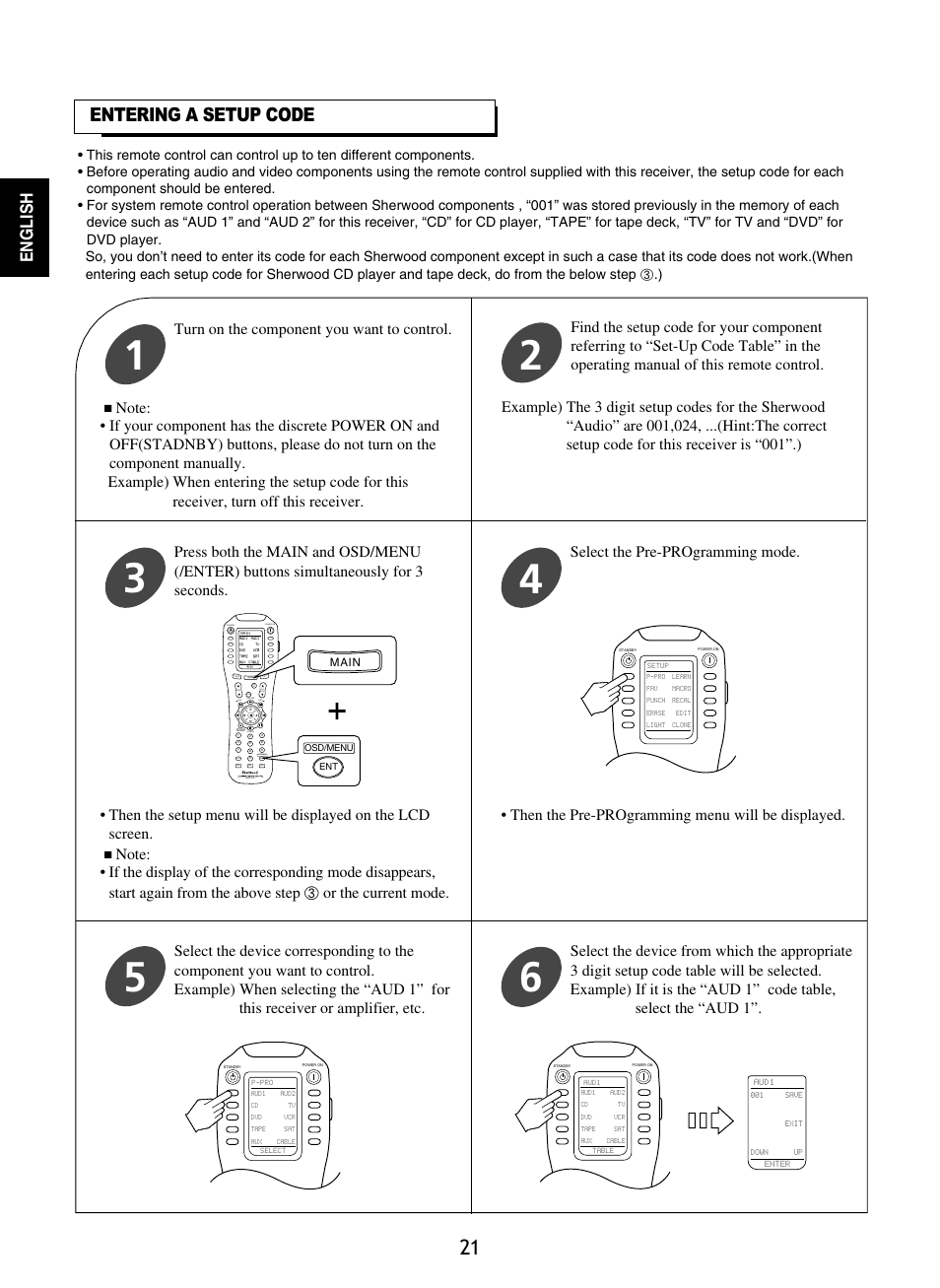 Entering a setup code, English, Turn on the component you want to control | Select the pre-programming mode | Sherwood R-965 User Manual | Page 21 / 67