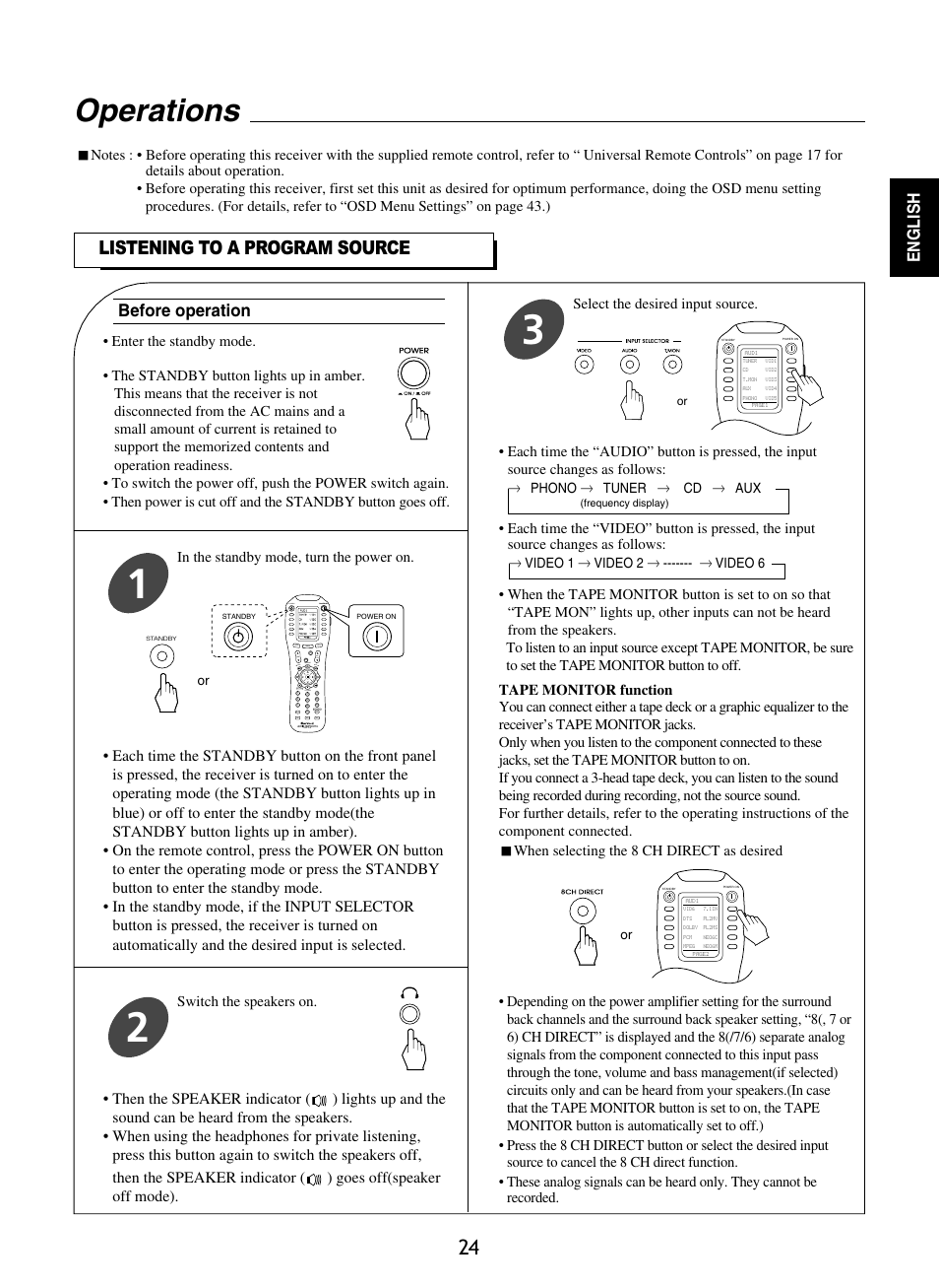 Operations, Listening to a program source, English | Before operation | Sherwood R-965 User Manual | Page 24 / 67