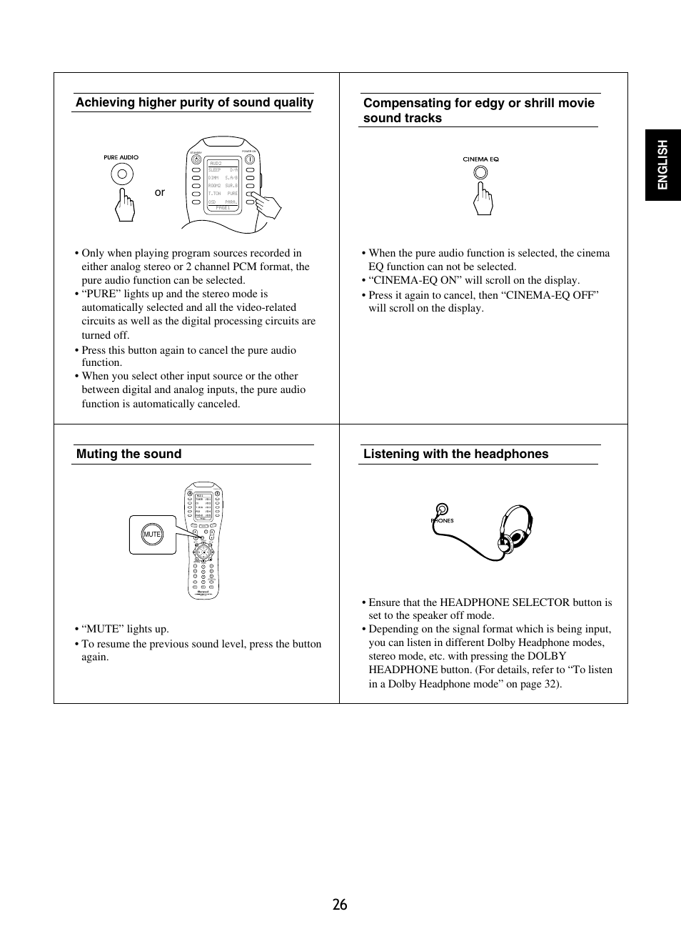 English, Standby power on, Mute ch. set | Return disp, Osd/menu, Stereo ch/ adjust, Dsp decode dsp rnc-510 | Sherwood R-965 User Manual | Page 26 / 67