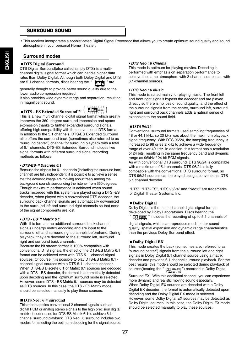 Surround sound | Sherwood R-965 User Manual | Page 27 / 67