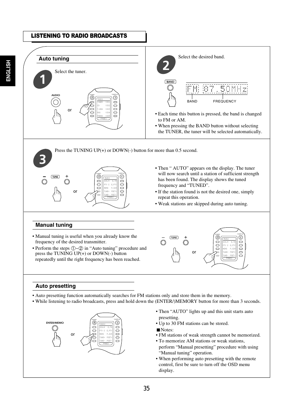 Listening to radio broadcasts, English, Auto tuning | Manual tuning, Auto presetting, Select the desired band | Sherwood R-965 User Manual | Page 35 / 67