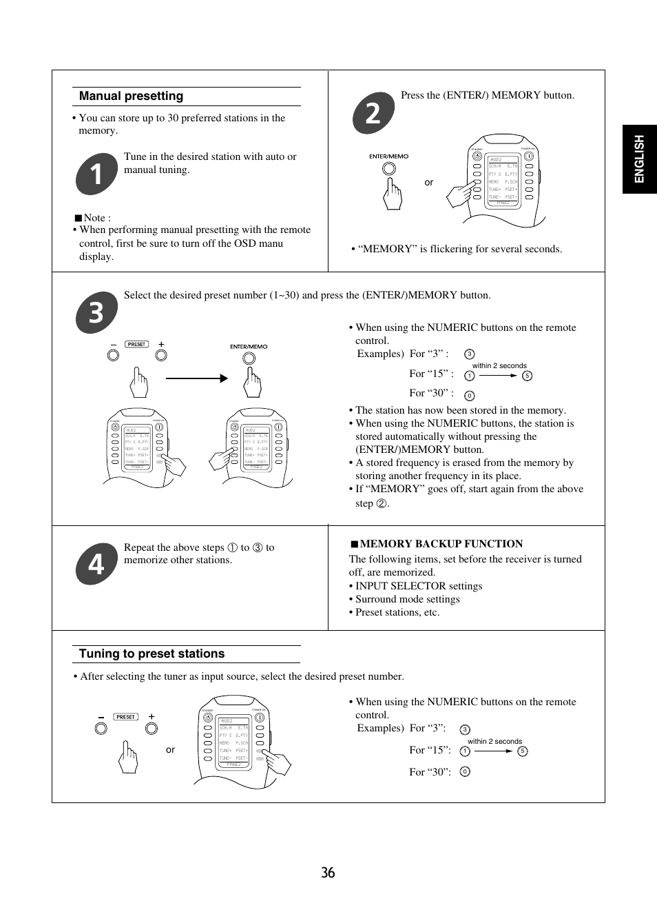 English, Tuning to preset stations, Manual presetting | Sherwood R-965 User Manual | Page 36 / 67