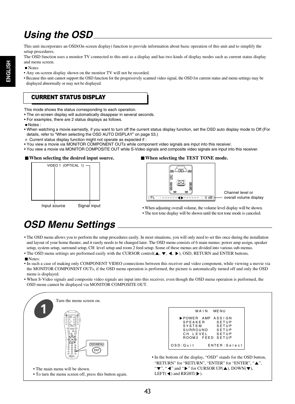 Using the osd, Osd menu settings, Current status display | English | Sherwood R-965 User Manual | Page 43 / 67