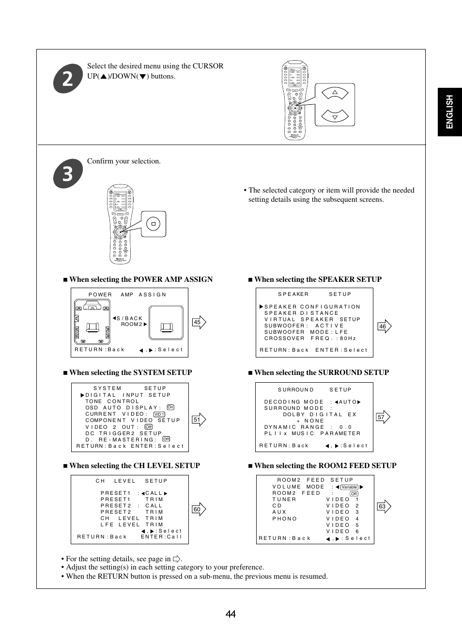 English, Confirm your selection, Standby power on | Mute ch. set, Return disp, Osd/menu, Stereo ch/ adjust, Dsp decode dsp standby power on, Dsp decode dsp rnc-510 | Sherwood R-965 User Manual | Page 44 / 67