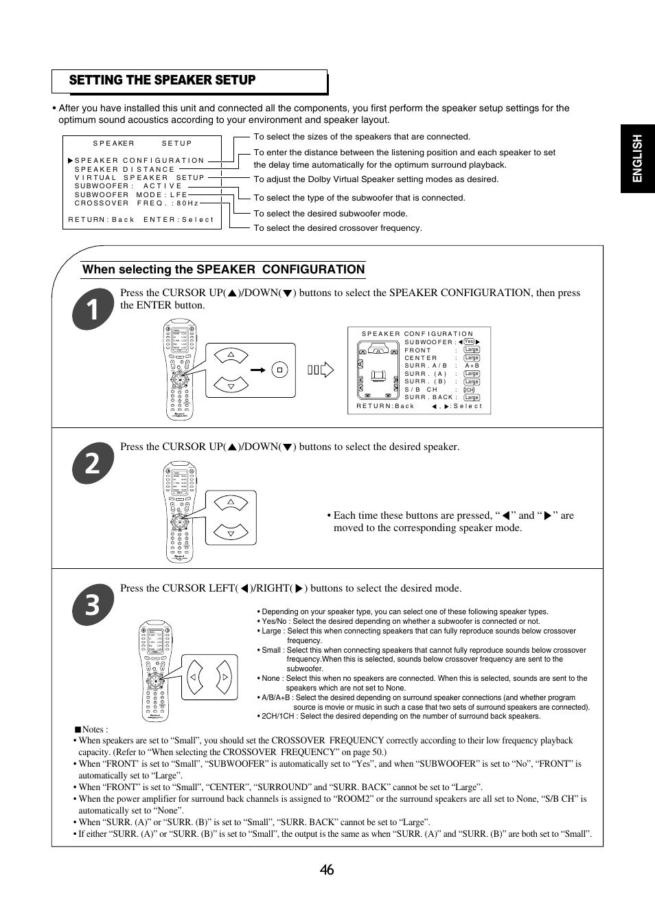 Setting the speaker setup, English, When selecting the speaker configuration | Sherwood R-965 User Manual | Page 46 / 67