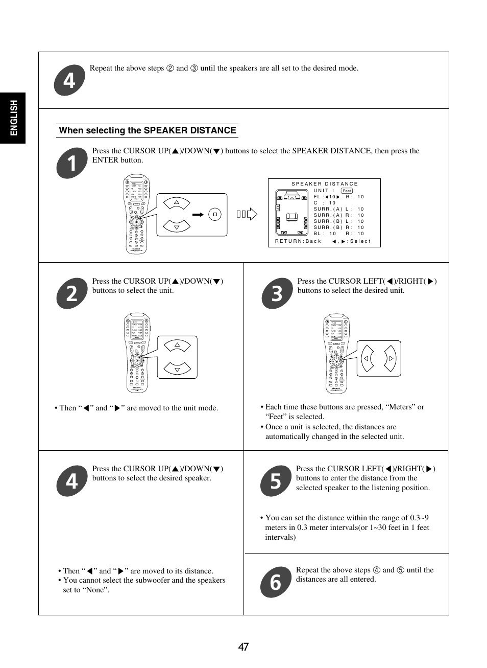 English, When selecting the speaker distance | Sherwood R-965 User Manual | Page 47 / 67