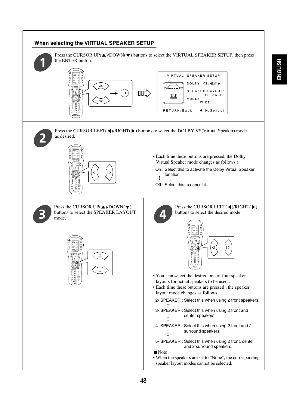 English, When selecting the virtual speaker setup, Standby power on | Mute ch. set, Return disp, Osd/menu, Stereo ch/ adjust, Dsp decode dsp rnc-510 standby power on, Dsp decode dsp rnc-510, Dsp decode dsp | Sherwood R-965 User Manual | Page 48 / 67