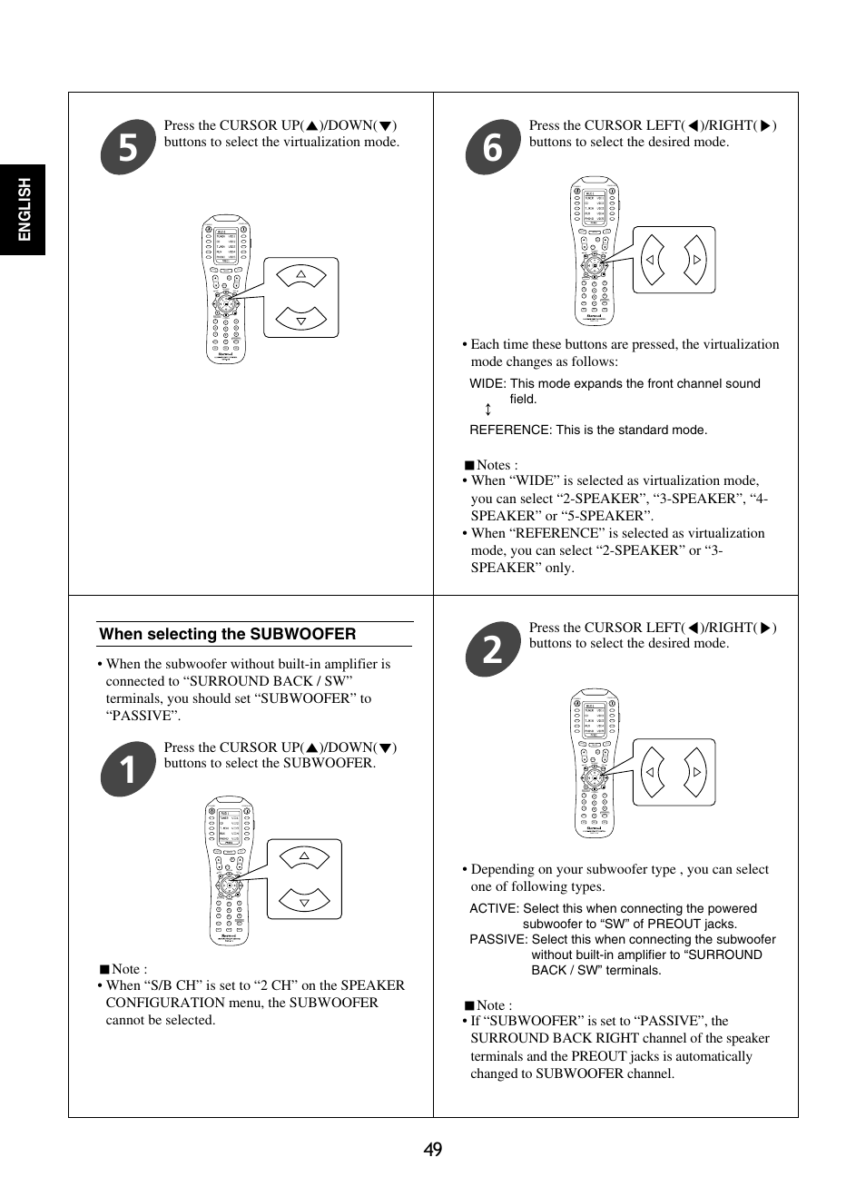 English, When selecting the subwoofer, Standby power on | Mute ch. set, Return disp, Osd/menu, Stereo ch/ adjust, Dsp decode dsp standby power on, Dsp decode dsp rnc-510 standby power on, Dsp decode dsp rnc-510 | Sherwood R-965 User Manual | Page 49 / 67