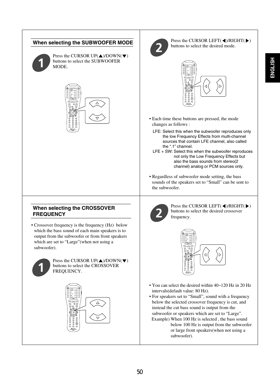 English, When selecting the crossover frequency, When selecting the subwoofer mode | Sherwood R-965 User Manual | Page 50 / 67