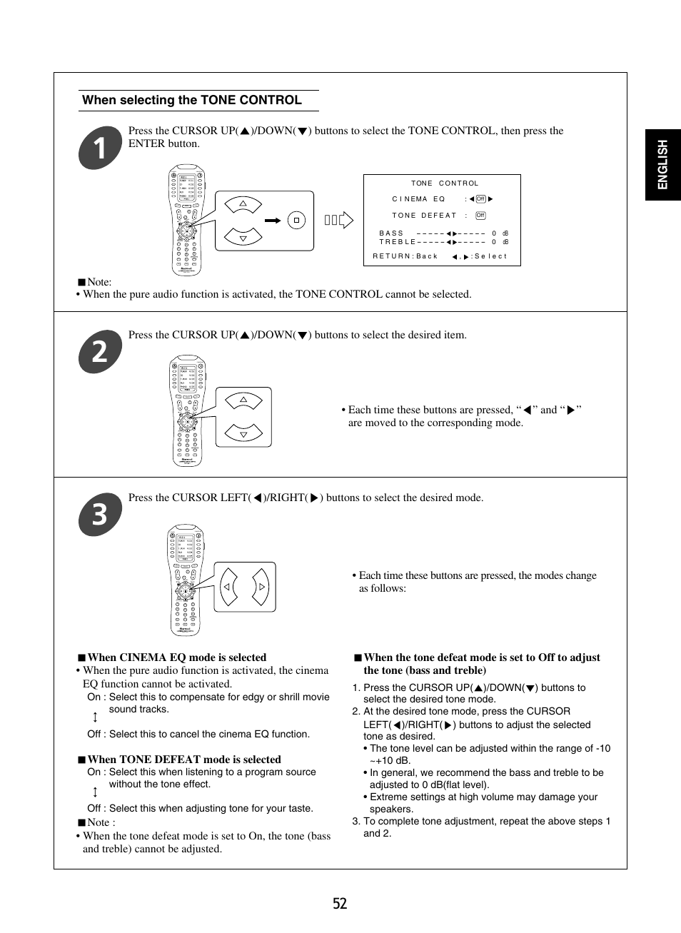 English, When selecting the tone control | Sherwood R-965 User Manual | Page 52 / 67