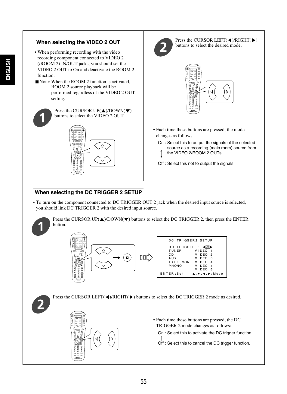 English, When selecting the dc trigger 2 setup, When selecting the video 2 out | Standby power on, Mute ch. set, Return disp, Osd/menu, Stereo ch/ adjust, Dsp decode dsp rnc-510 standby power on, Dsp decode dsp standby power on | Sherwood R-965 User Manual | Page 55 / 67